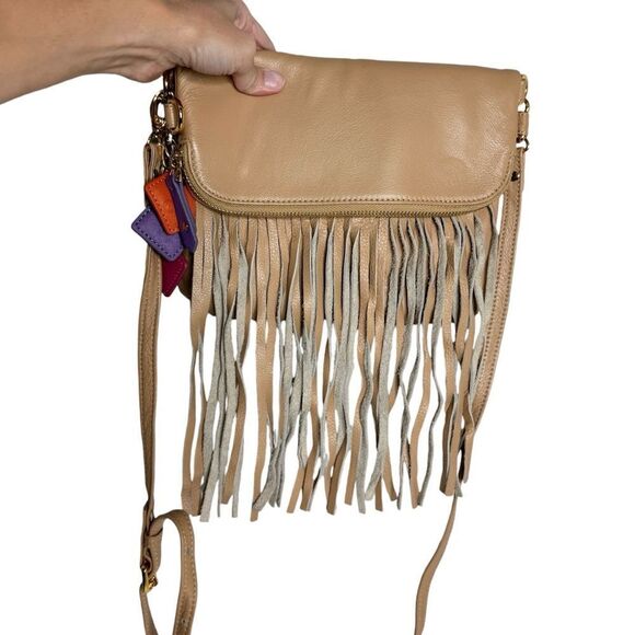 Claudia G camel tan supple genuine leather fringe foldover crossbody bag - Picture 12 of 12